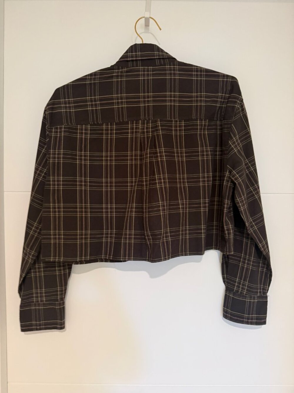 Zara Brown Plaid Cropped Button Up Shirt Long Sleeve Sz M